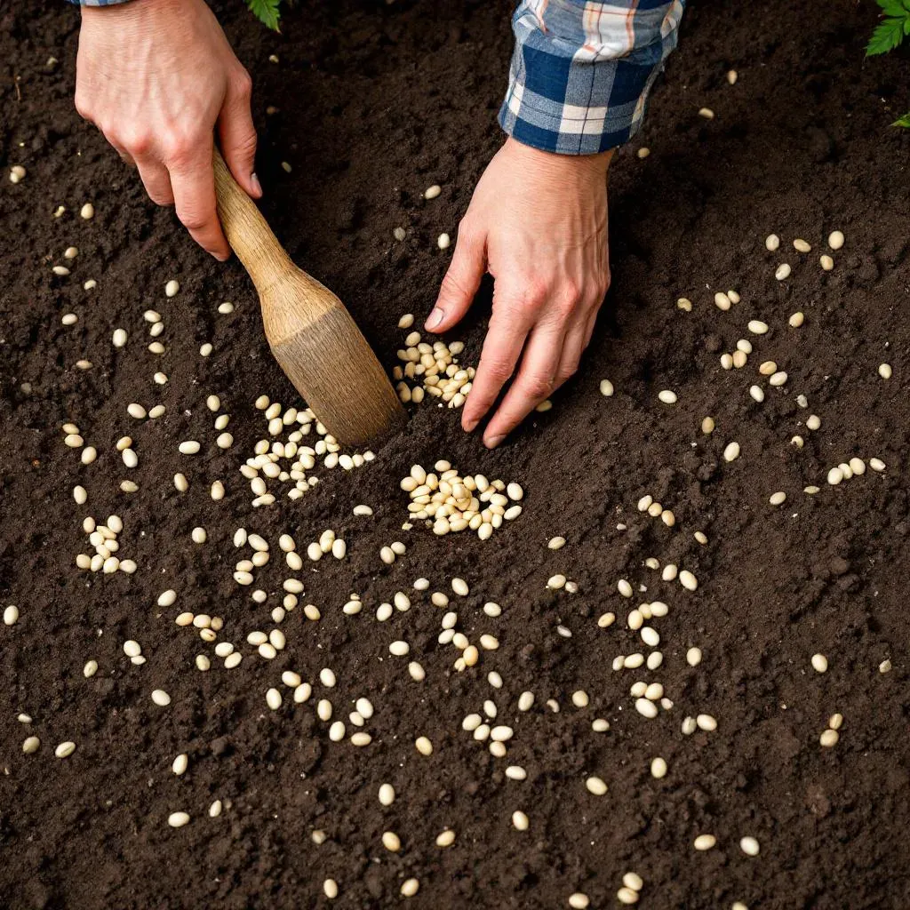 Plantation de graines de fèves dans une terre préparée avec outil de plantation en bois