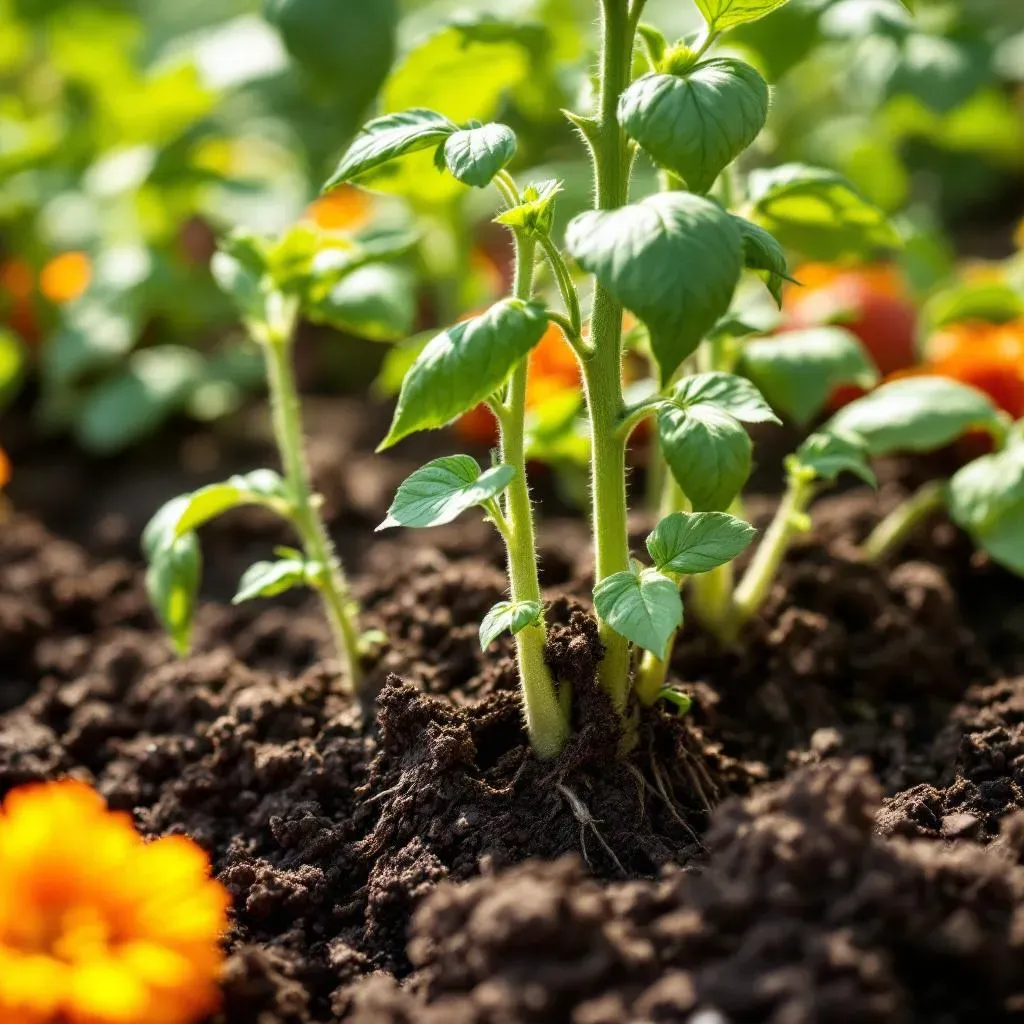 Tomates, basilic et œillets d'Inde cultivés ensemble dans un carré de potager