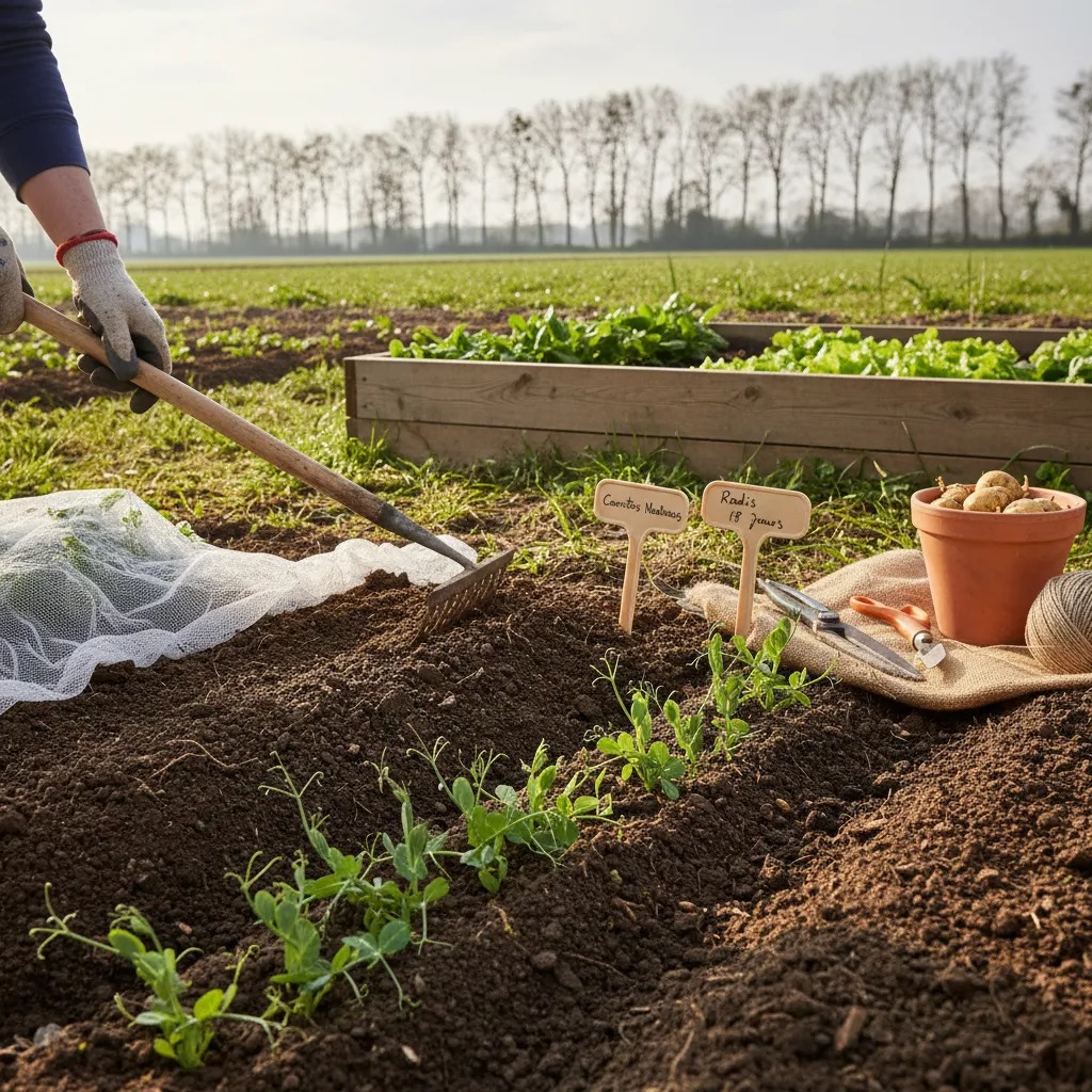 Main tenant des graines devant un potager en préparation au mois de mars dans le nord de la France