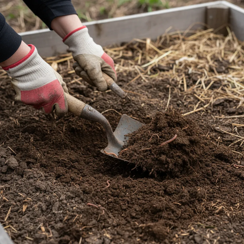 Préparation du sol d'un potager nordique avec bêche retournant la terre brune après l'hiver