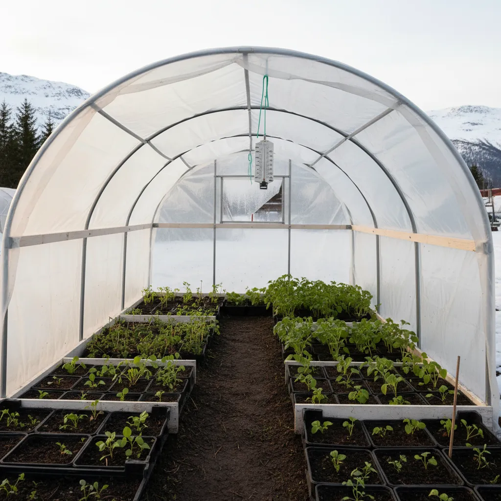 Serre tunnel avec jeunes plants et thermomètre dans un potager nordique protégeant les cultures du froid