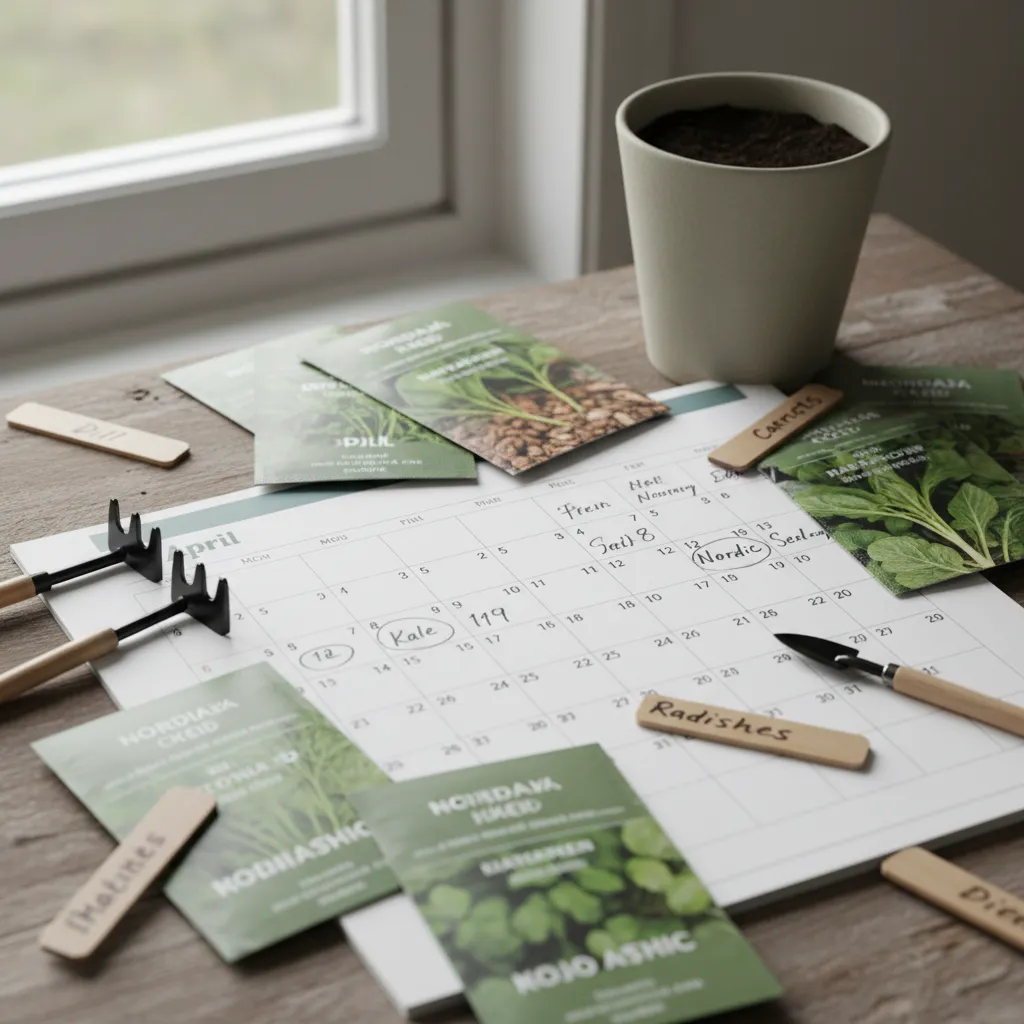 Calendrier de jardinage nordique avec sachets de graines et annotations pour planifier les semis d'avril